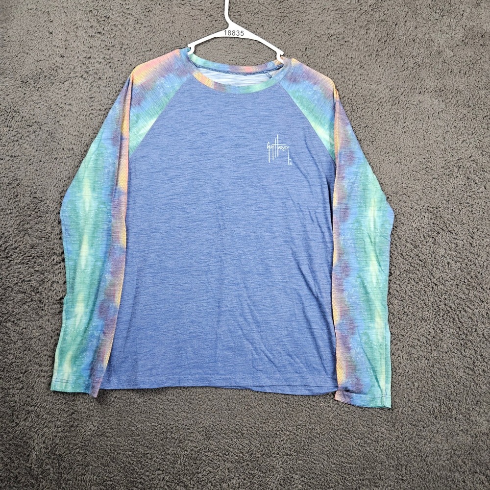 Guy Harvey Long‎ Sleeve Fishing Shirt Tie Dye Sleeve Blue Graphic Print L
